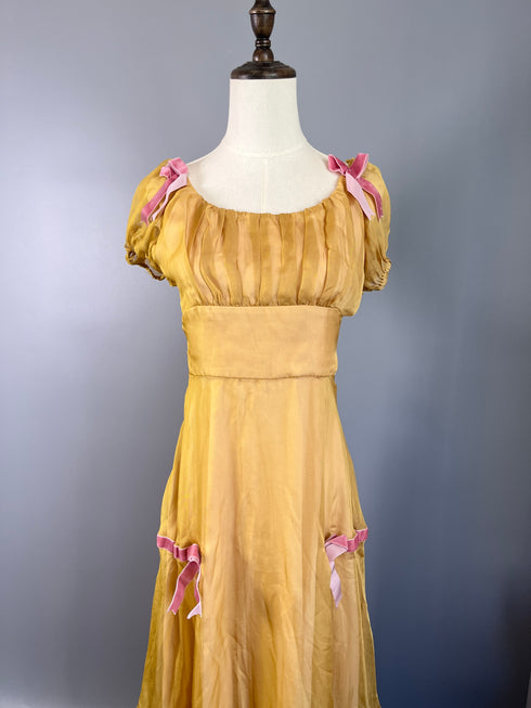 Vintage Yellow Regency Era Dress with Puff Sleeves and Pink Bows - Yellow Regency Era Dress Plus Size